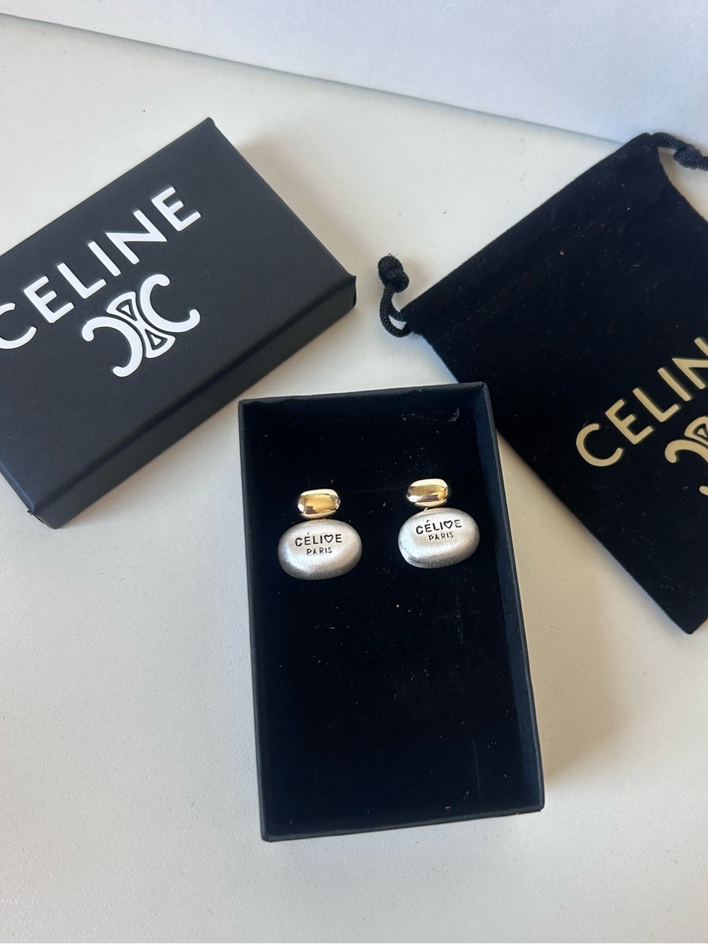 Vintage Celine Paris Gold and Silver tone Oval drop earrings